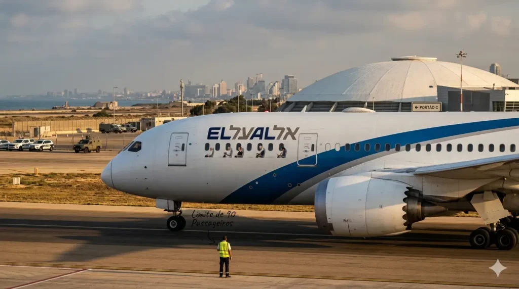 Avião comercial decolando do Aeroporto Ben Gurion em Israel com restrição de passageiros