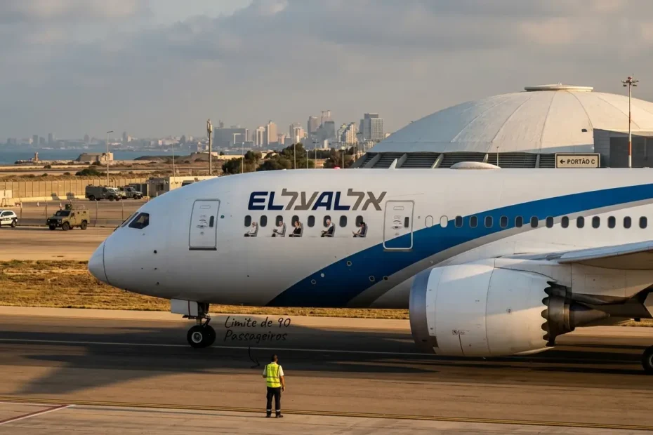 Avião comercial decolando do Aeroporto Ben Gurion em Israel com restrição de passageiros